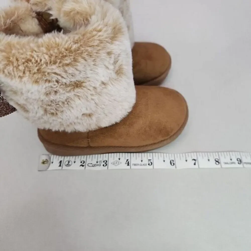 First‎ Steps Slipper Boots Kids Size 8 Brown Cream Ankle Faux Fur Soft Sole Cozy
